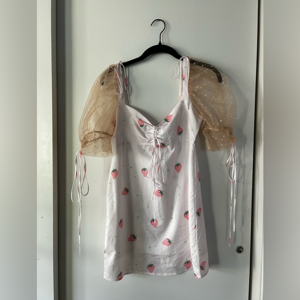 Satin Mini Dress with Strawberry Print and Tulle Sleeves